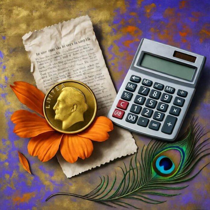Gold coin in marigolds, receipt, calculator, peacock feather. Gold coin in marigolds, receipt, calculator, peacock feather.