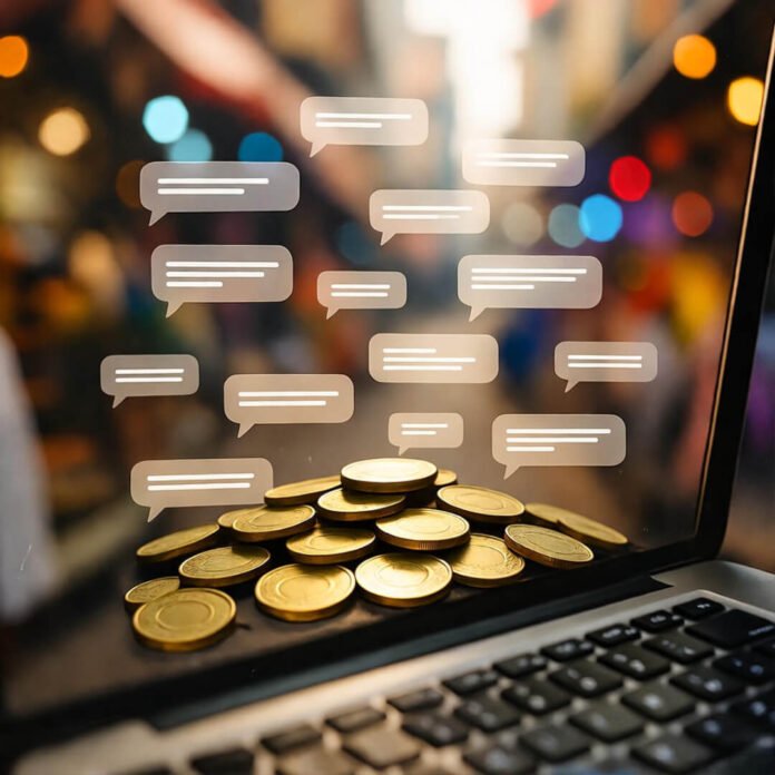 Cracked laptop with glowing gold coins, chat bubbles. Cracked laptop with glowing gold coins, chat bubbles.