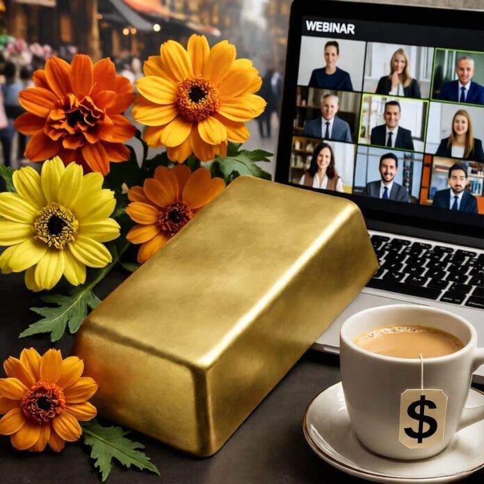 1 (1) Gold bar, marigolds, laptop, webinar, chai cup dollar.