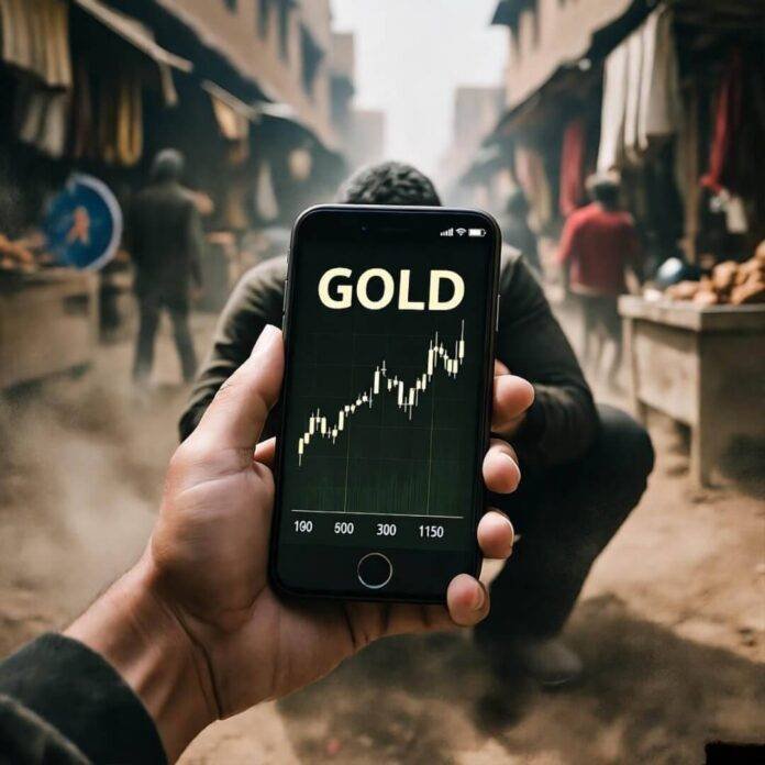 Expat’s gold app panic in dusty Delhi market. Expat’s gold app panic in dusty Delhi market.