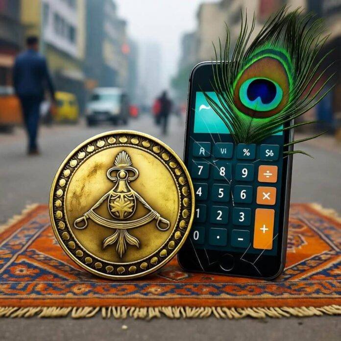 Tarnished gold coin, cracked phone, Delhi street, peacock feather. Tarnished gold coin, cracked phone, Delhi street, peacock feather.
