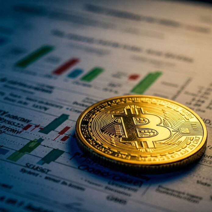 Gold coin on blurred financial chart