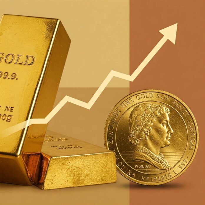 Gold collage: bar, coin, price up