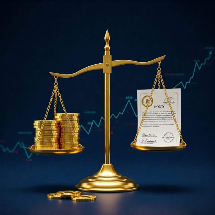 Gold scale balancing coins and bond.