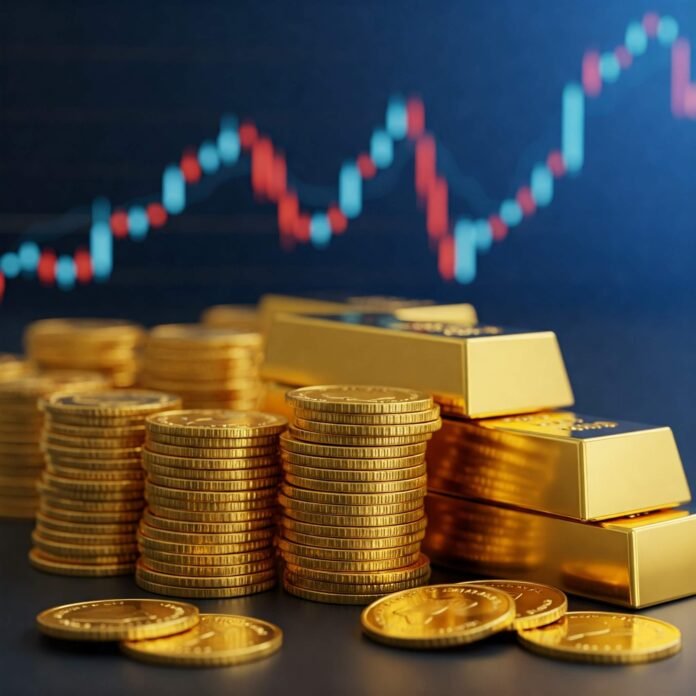 Gold Bars, Coins, Financial Chart