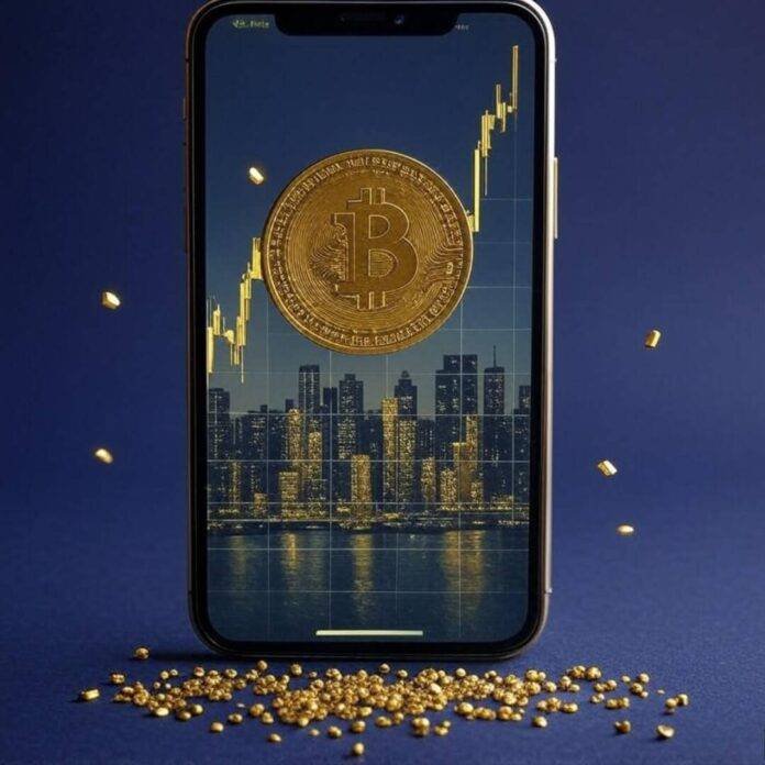 Smartphone with gold chart, coin, city skyline reflection. Smartphone with gold chart, coin, city skyline reflection.