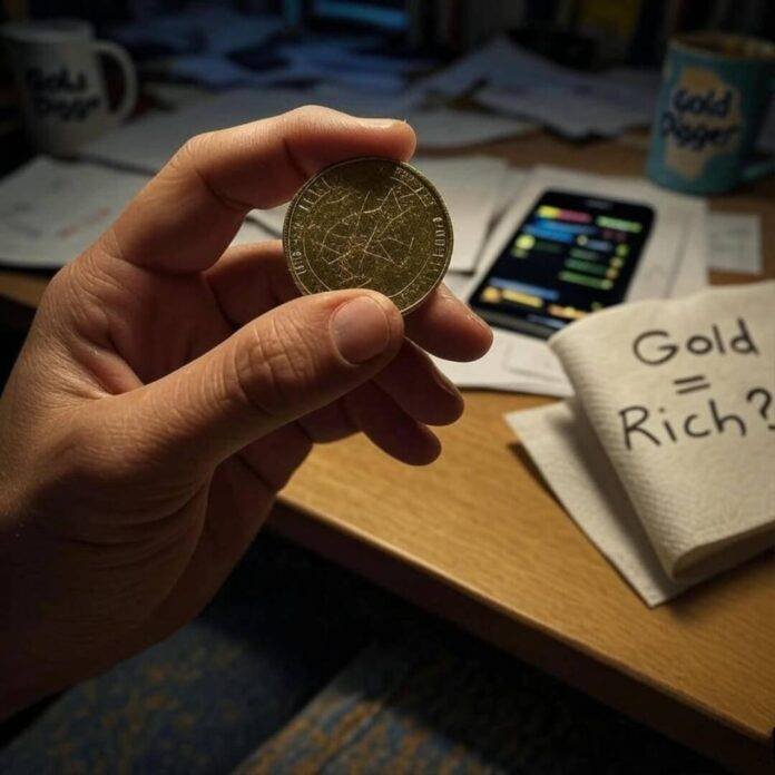Shaky hand holds scratched gold coin, messy desk. Shaky hand holds scratched gold coin, messy desk.