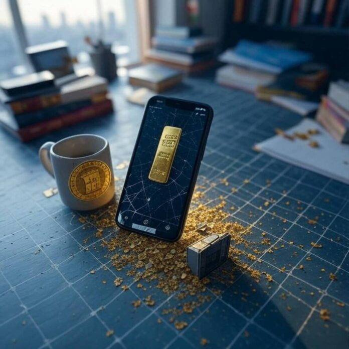 Cracked phone, gold app, mug, cluttered desk chaos. Cracked phone, gold app, mug, cluttered desk chaos.