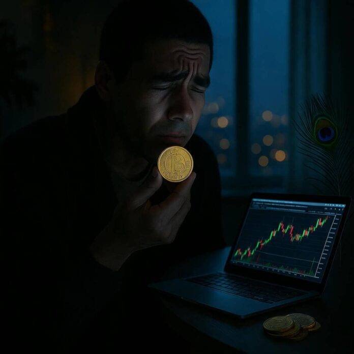 Stressed man with gold coin, laptop, peacock feather. Stressed man with gold coin, laptop, peacock feather.