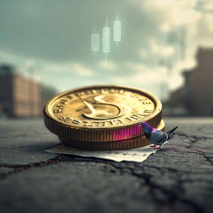 Scratched gold coin, pigeon, ticker, receipt on sidewalk.