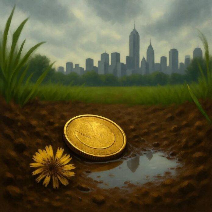 Scratched gold coin in wet dirt with city reflection.