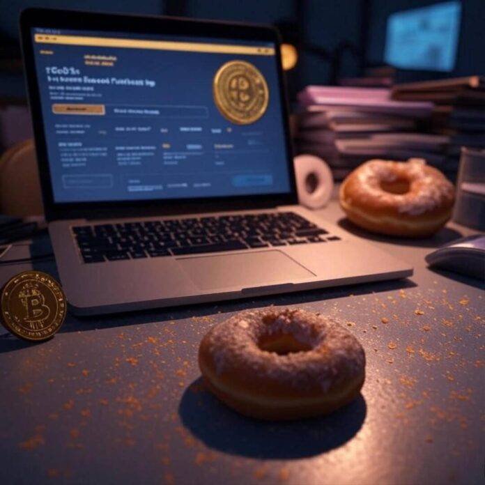Messy desk, laptop, gold coin, donut, late-night chaos.