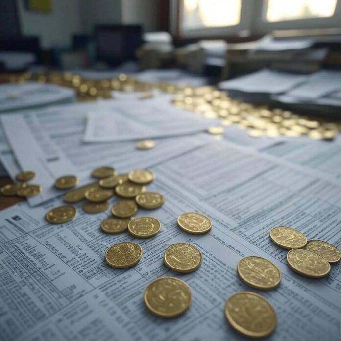 Cluttered desk with tax forms, gold coins. Cluttered desk with tax forms, gold coins.