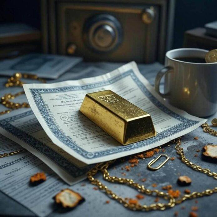 Messy desk with gold bar, bond, coffee spill. Messy desk with gold bar, bond, coffee spill.