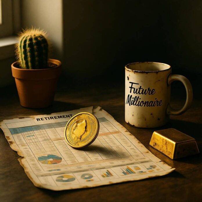 Blurry gold coin, chipped mug, smudged bar, wilting cactus.