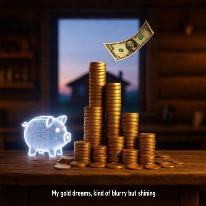 Wobbly gold coins, glitchy piggy bank, falling dollar. Wobbly gold coins, glitchy piggy bank, falling dollar.