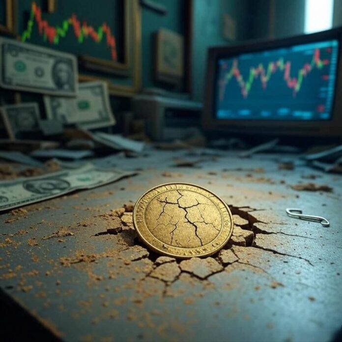 Tarnished gold coin on cluttered desk, dim-lit. Tarnished gold coin on cluttered desk, dim-lit.