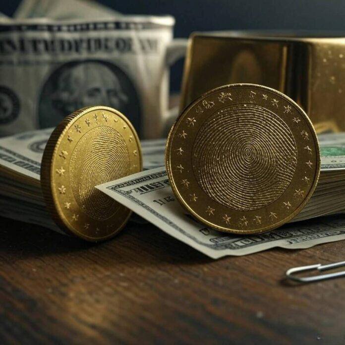 Blurry gold coin, dollar, mug, bent paperclip. Blurry gold coin, dollar, mug, bent paperclip.