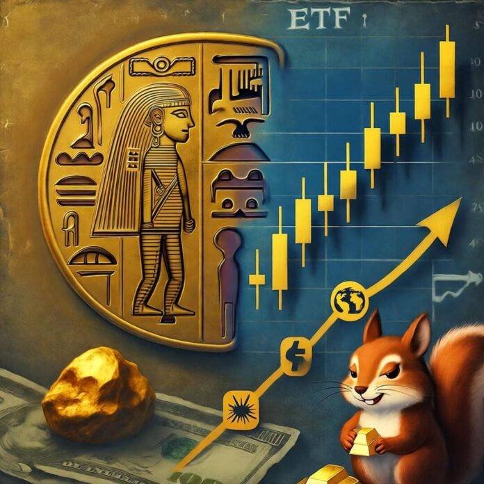 Vintage gold artifact morphs into chart with squirrel. Vintage gold artifact morphs into chart with squirrel.