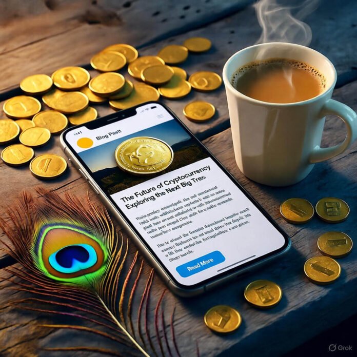 Gold coins, smartphone, chai, peacock feather on table. Gold coins, smartphone, chai, peacock feather on table.