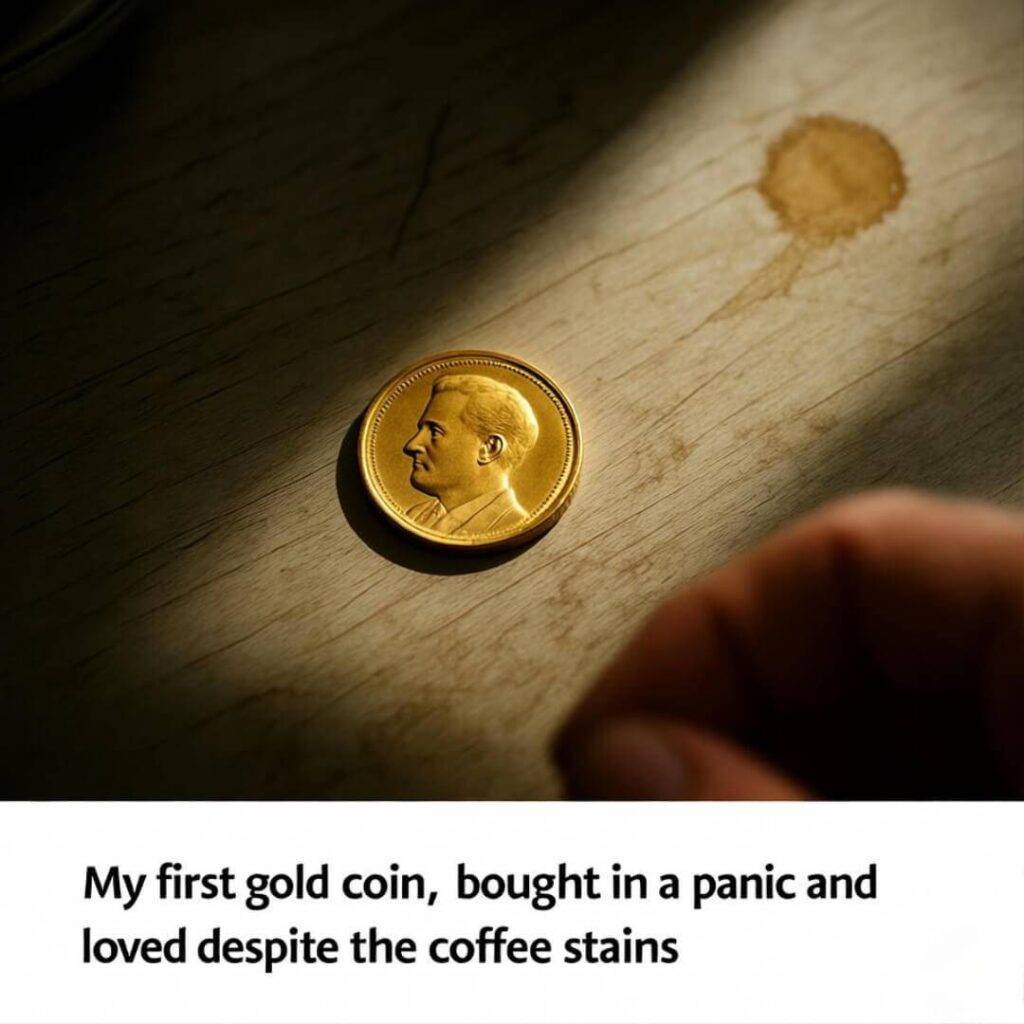 Gold coin on stained table, shaky hand, nervous vibe.
