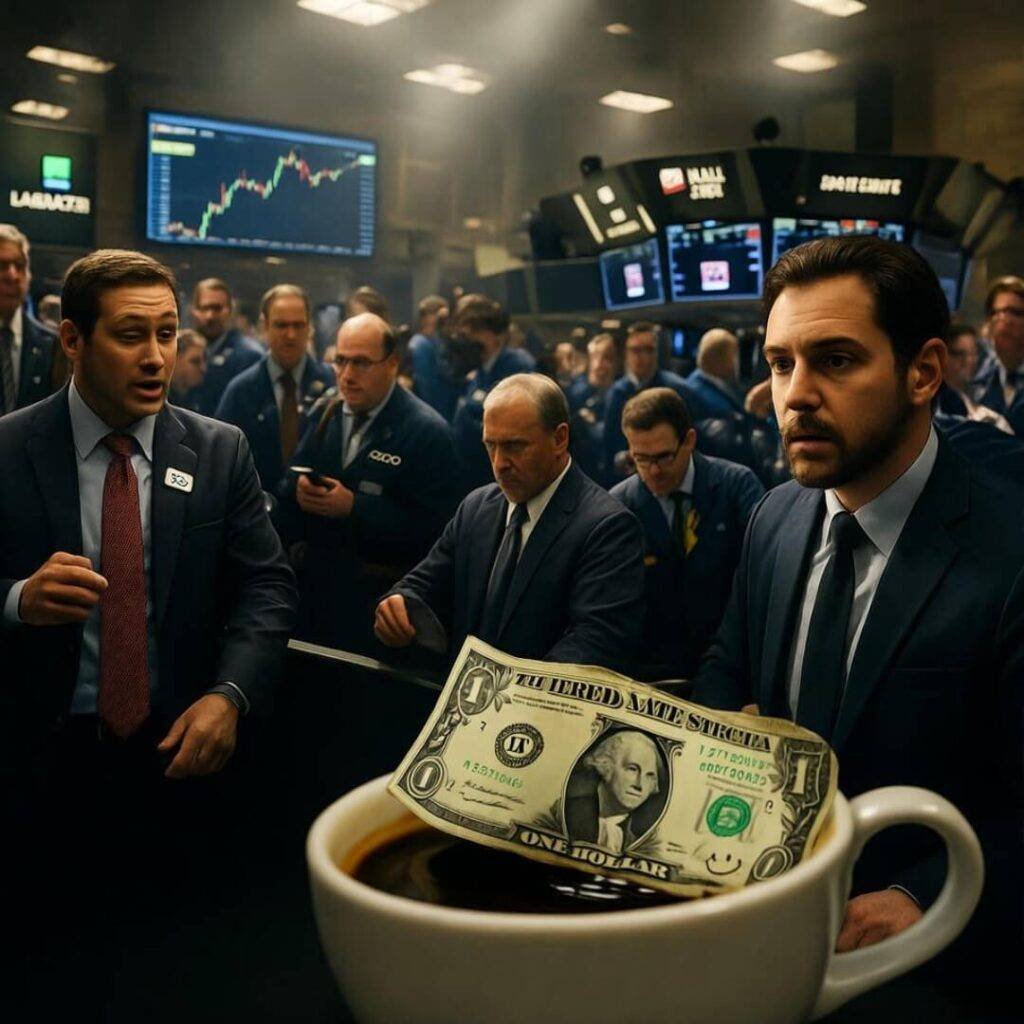 Spilled coffee cup view of chaotic trading floor.