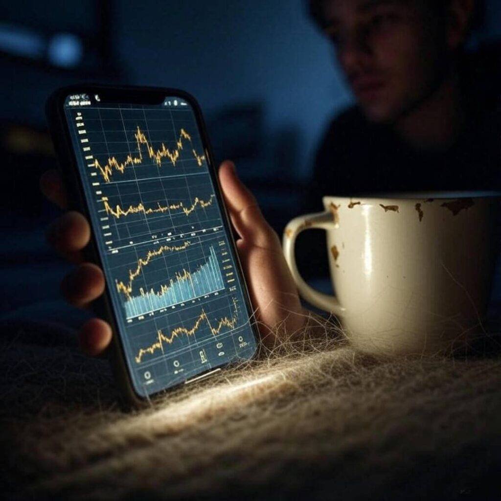 Shaky phone screen with gold chart, chipped mug.