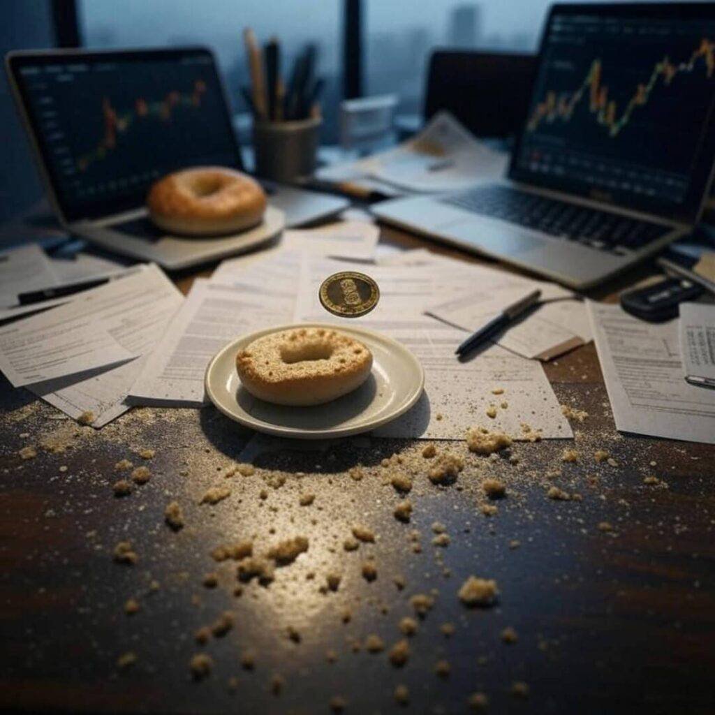 Cluttered desk, spinning gold coin, half-eaten bagel.