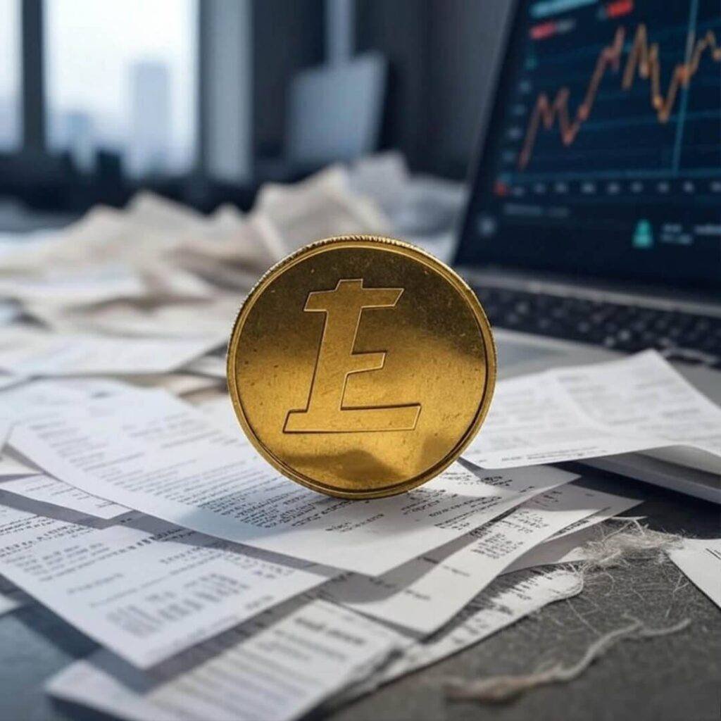 Wobbling gold coin on messy desk with glitching laptop.