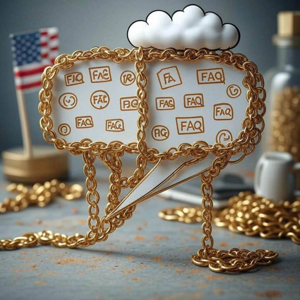 Tangled gold chains with FAQ icons, doubt cloud.