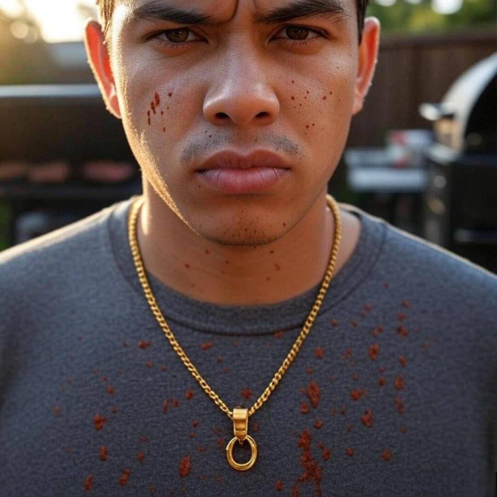 Scratched 24K necklace, BBQ sauce mess, gritty fail.