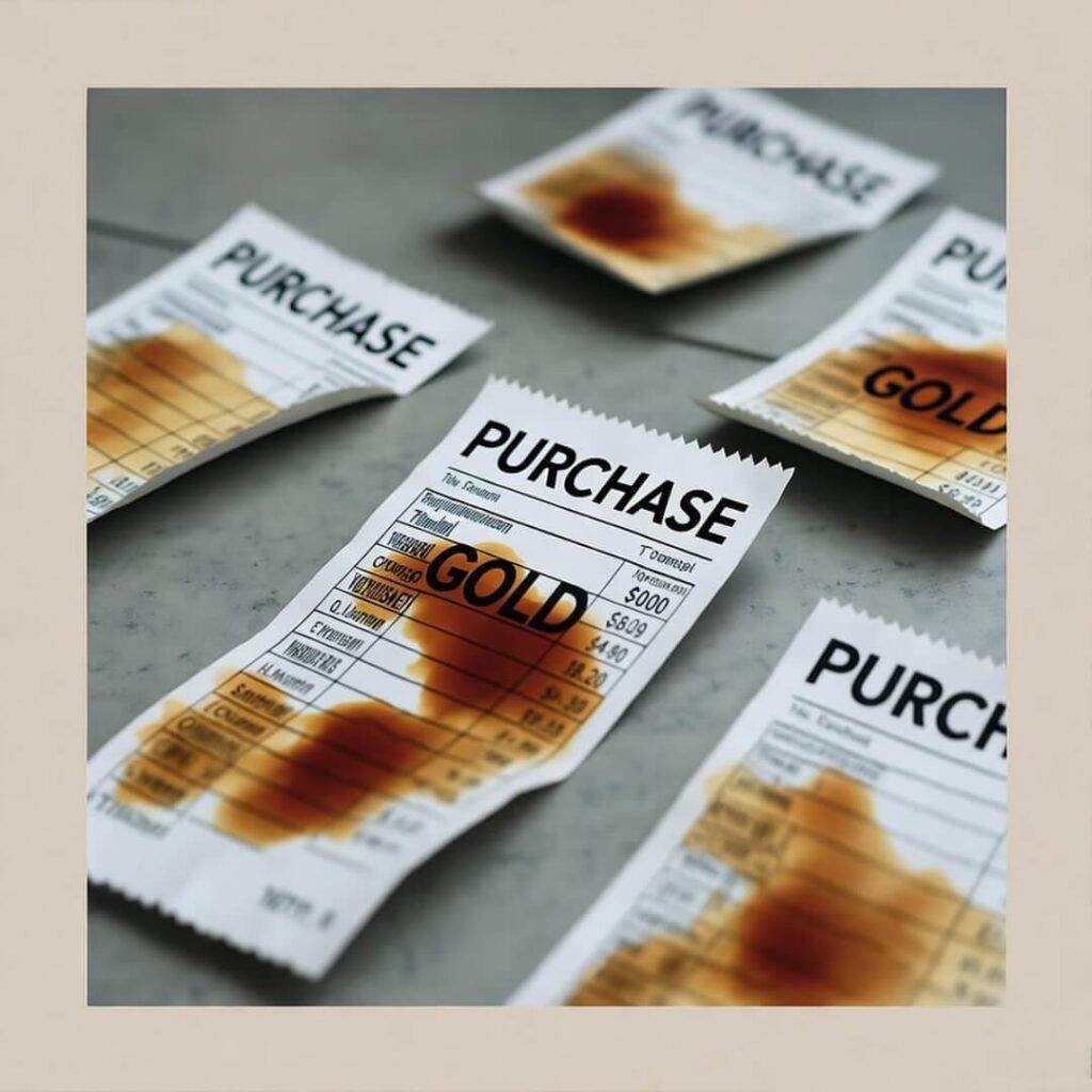 Messy gold receipts with coffee stains on floor.