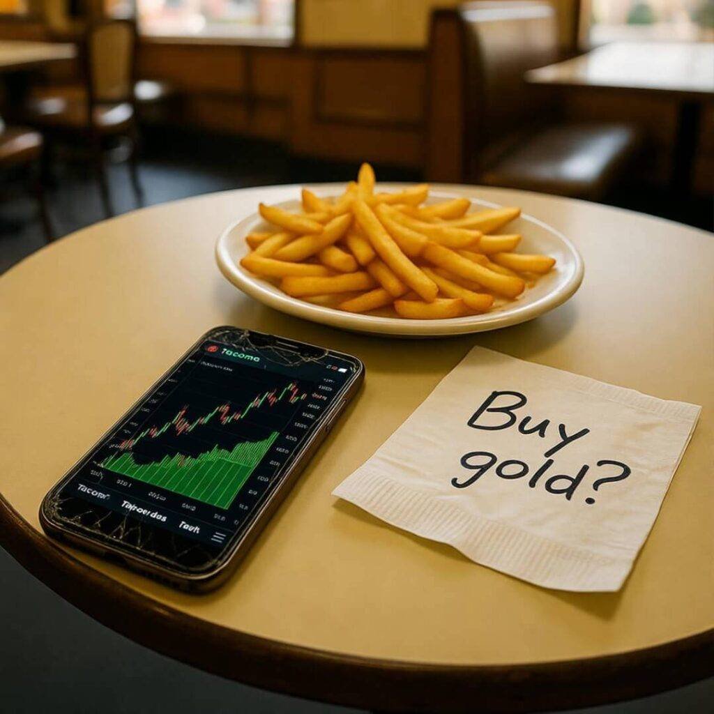 Diner table with fries, cracked phone, napkin note.