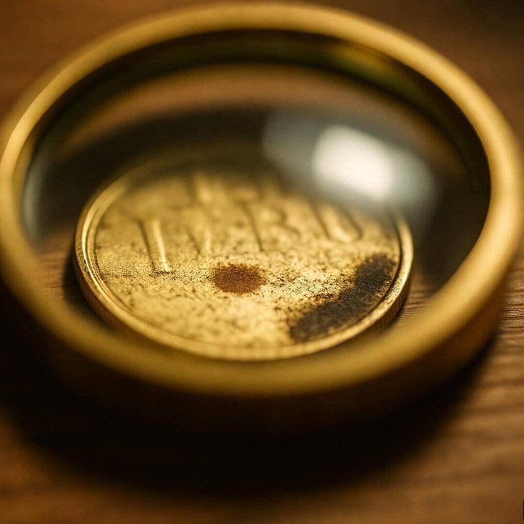Fake gold coin under magnifying glass, vintage sepia tone.