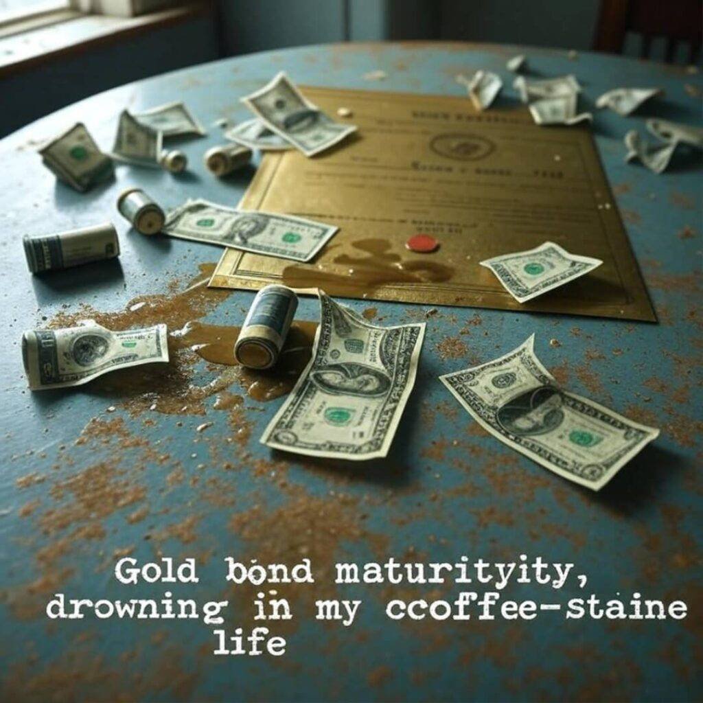 Cluttered table, gold bond under coffee, rolling coin.