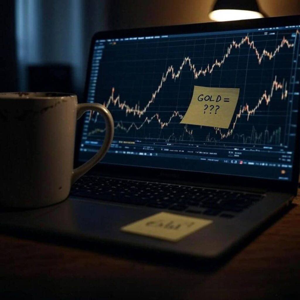 Blurry laptop gold bond charts, mug, sticky note.