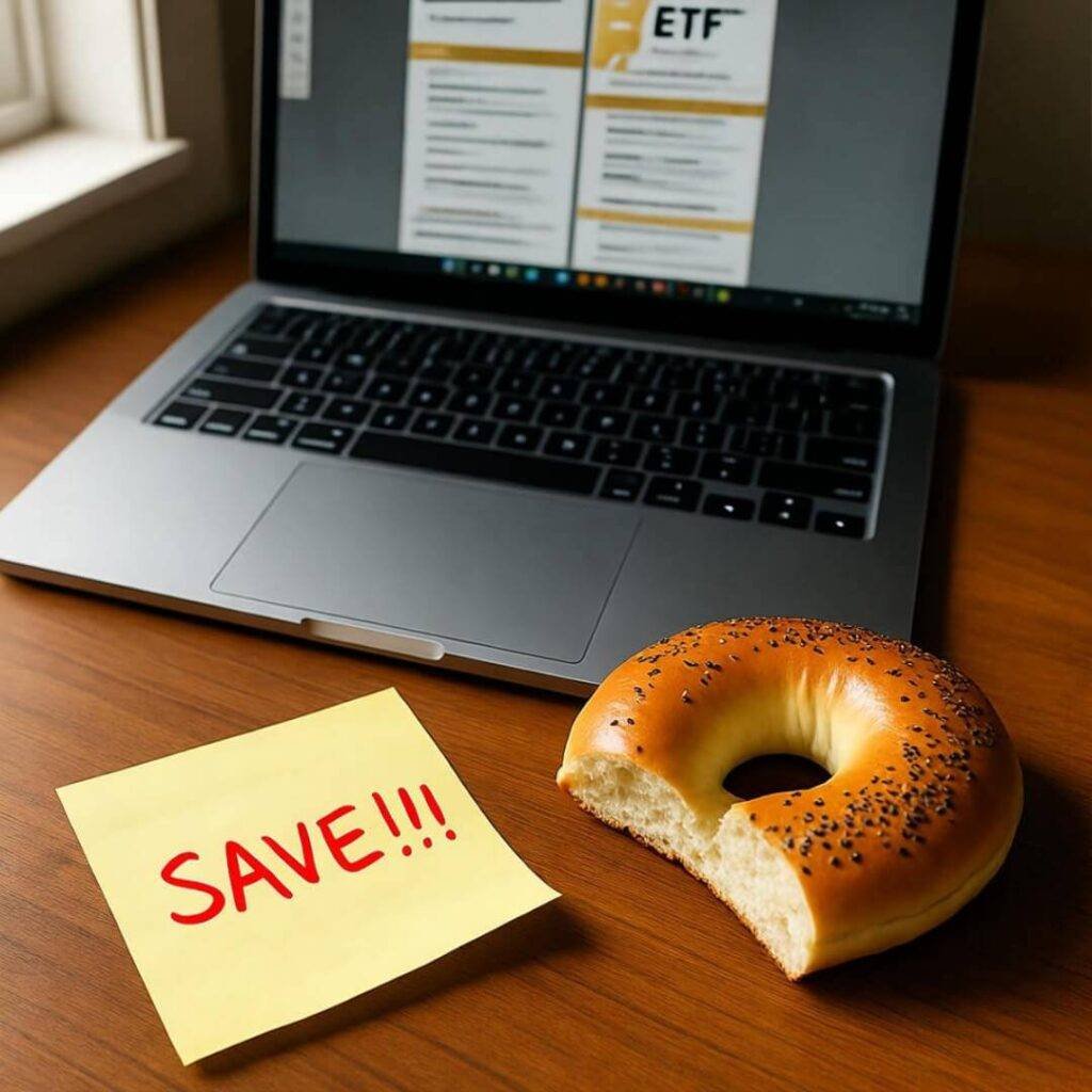 Cluttered desk with laptop, bagel, crumpled "SAVE!!!" note.