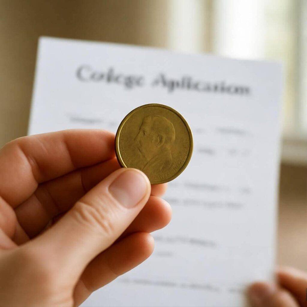 Shaky hand holding gold coin, college app background.