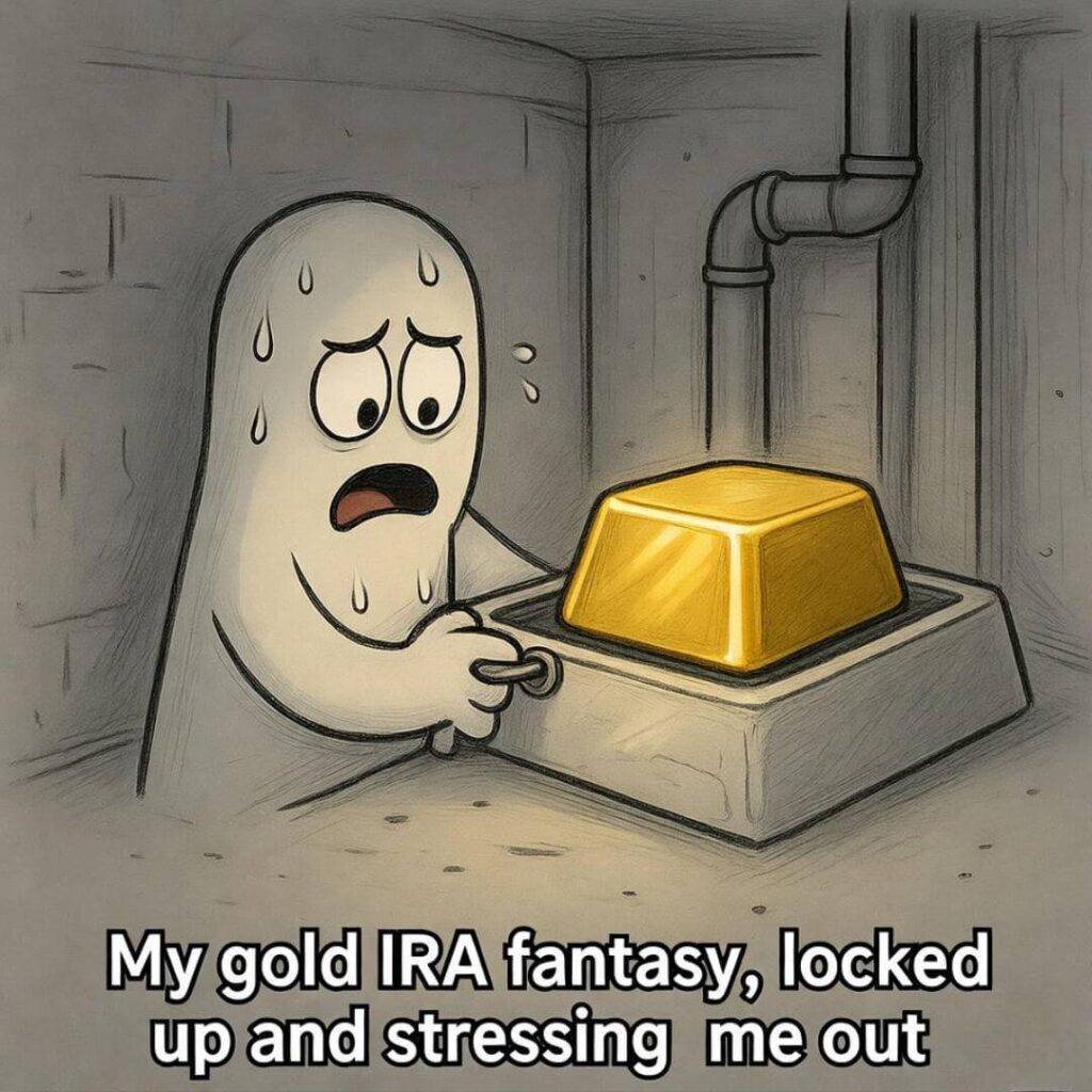 Cartoon sweating over gold bar in messy basement vault.