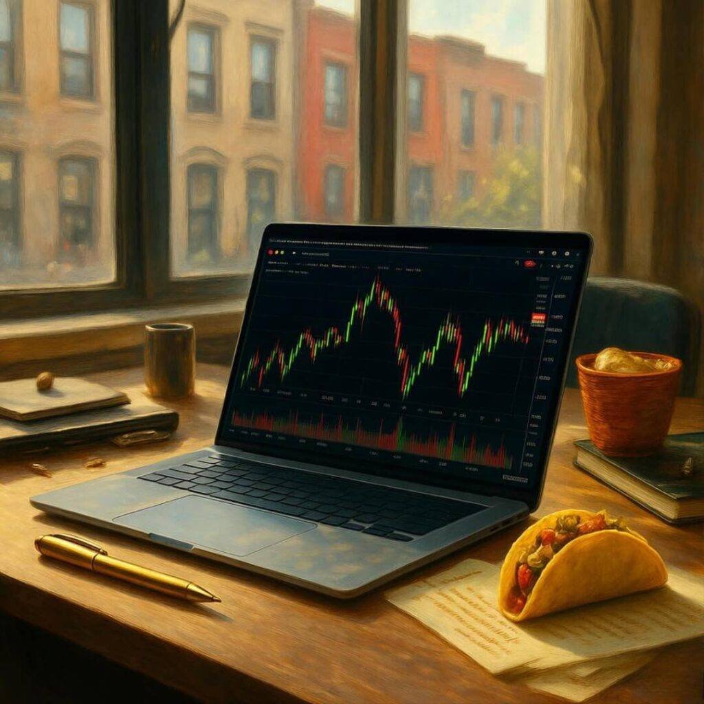 Cluttered desk with laptop, taco, gold pen.