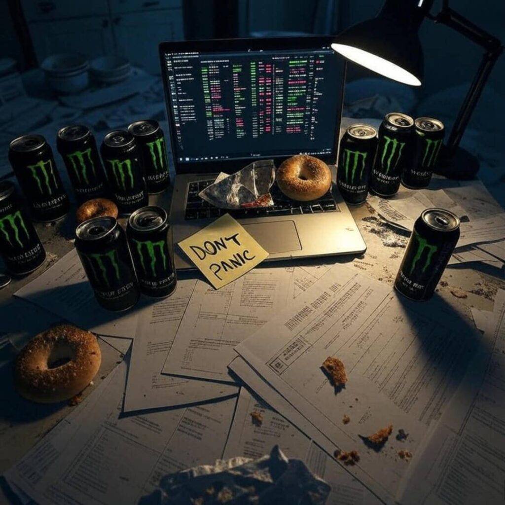 Messy desk, laptop trading app, Monster cans, bagel.