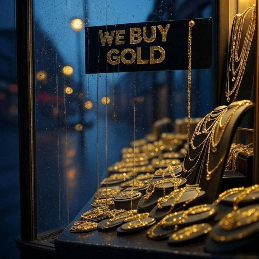 Rainy pawn shop window, glowing gold jewelry.