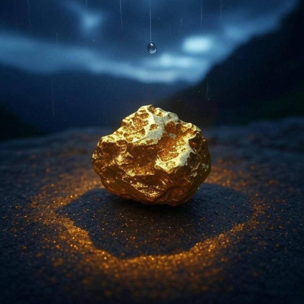 Glowing gold nugget under stormy sky with frozen raindrop.