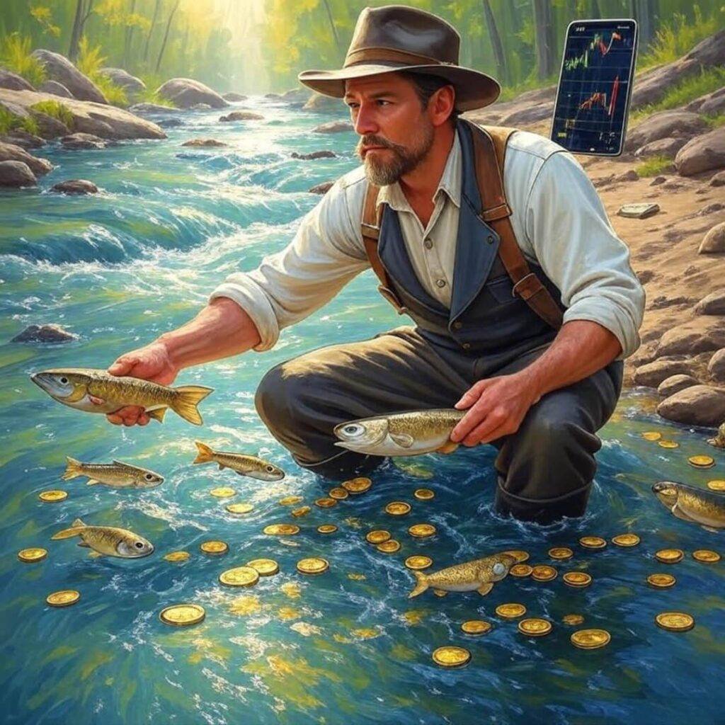 Gold prospector panning coins, fish, stock charts.