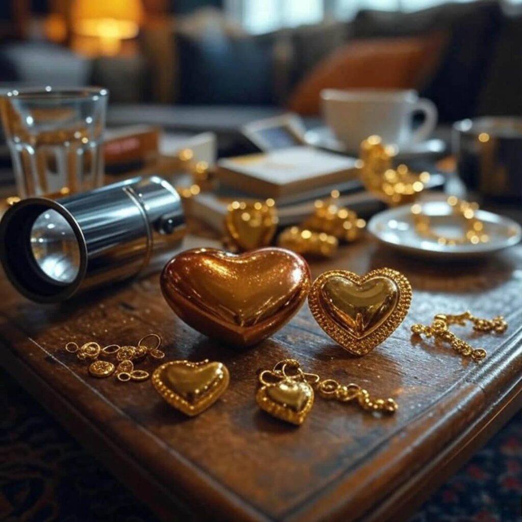 Impressionistic 18K earrings, heart-shaped Dorito, messy table.