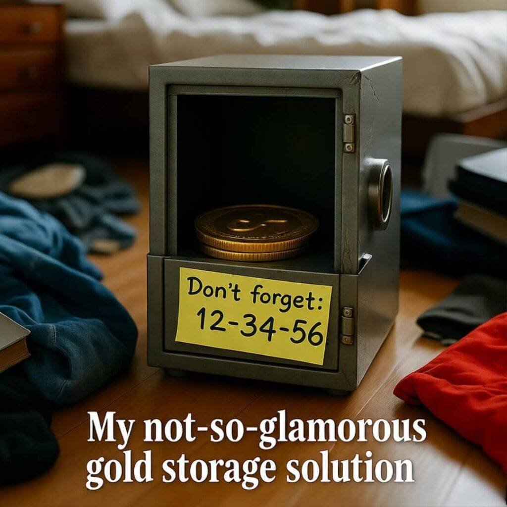 Dented safe with gold coin, messy floor view.