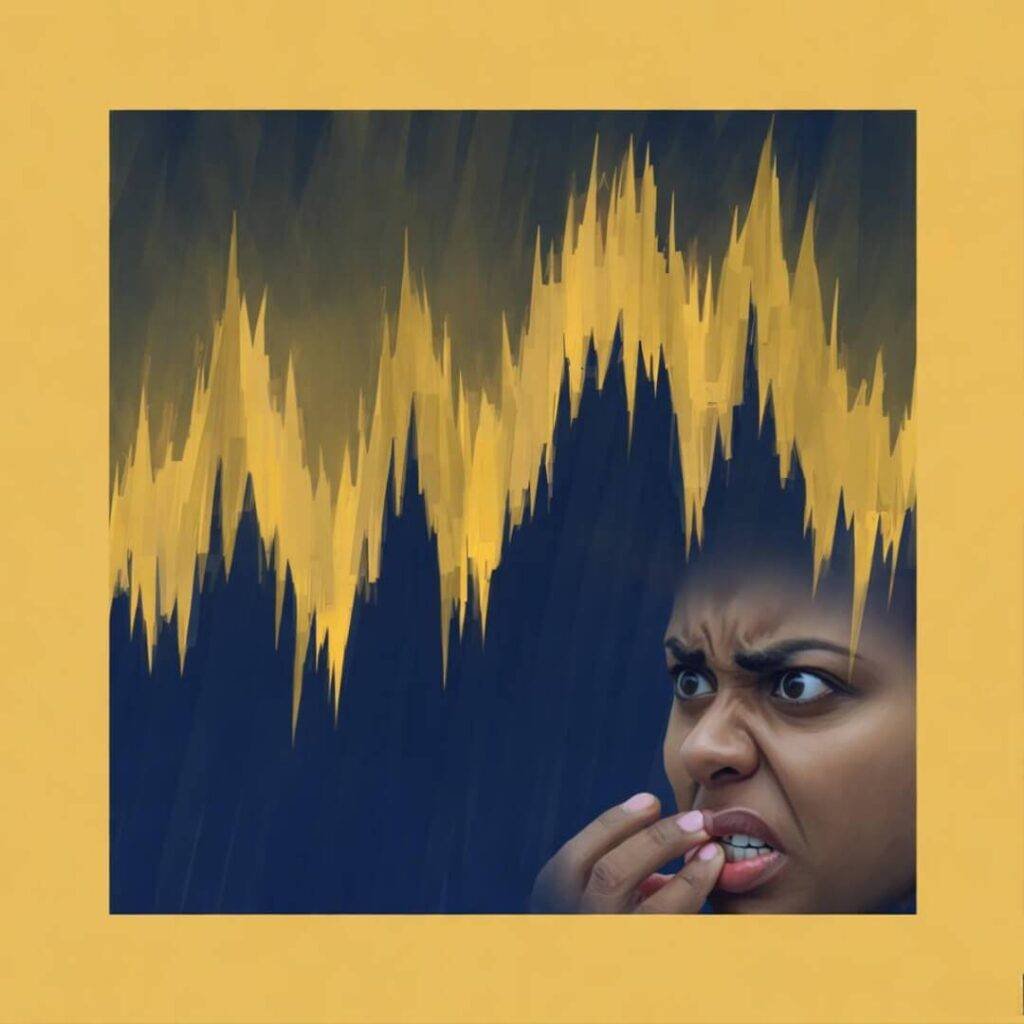 Chaotic gold price chart, stressed face biting nails, dramatic.
