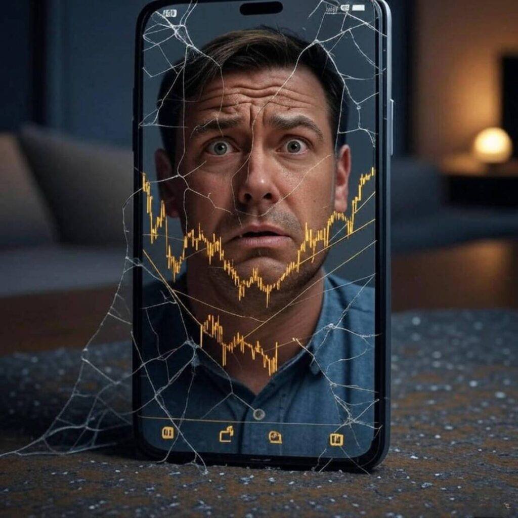 Cracked phone screen with gold chart, stressed face.