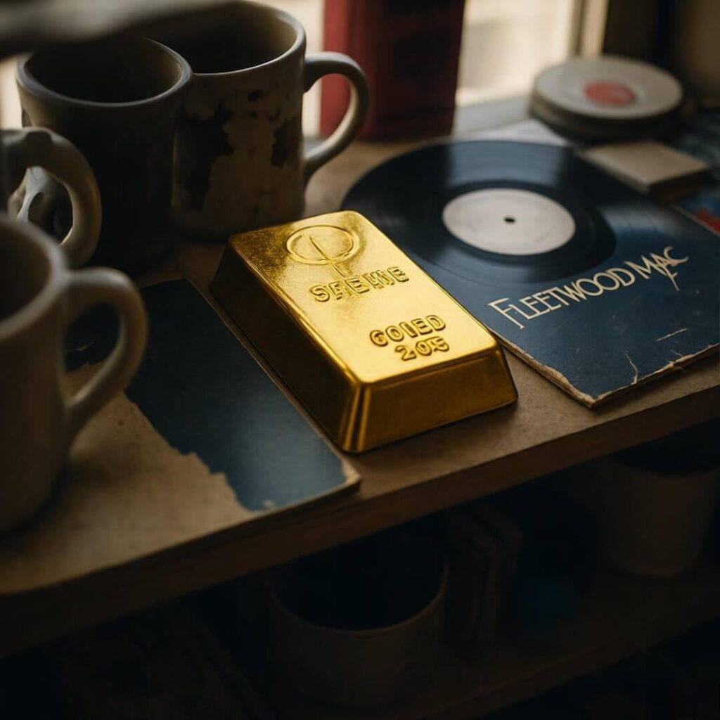 Fake gold bar between mugs and vinyl record.