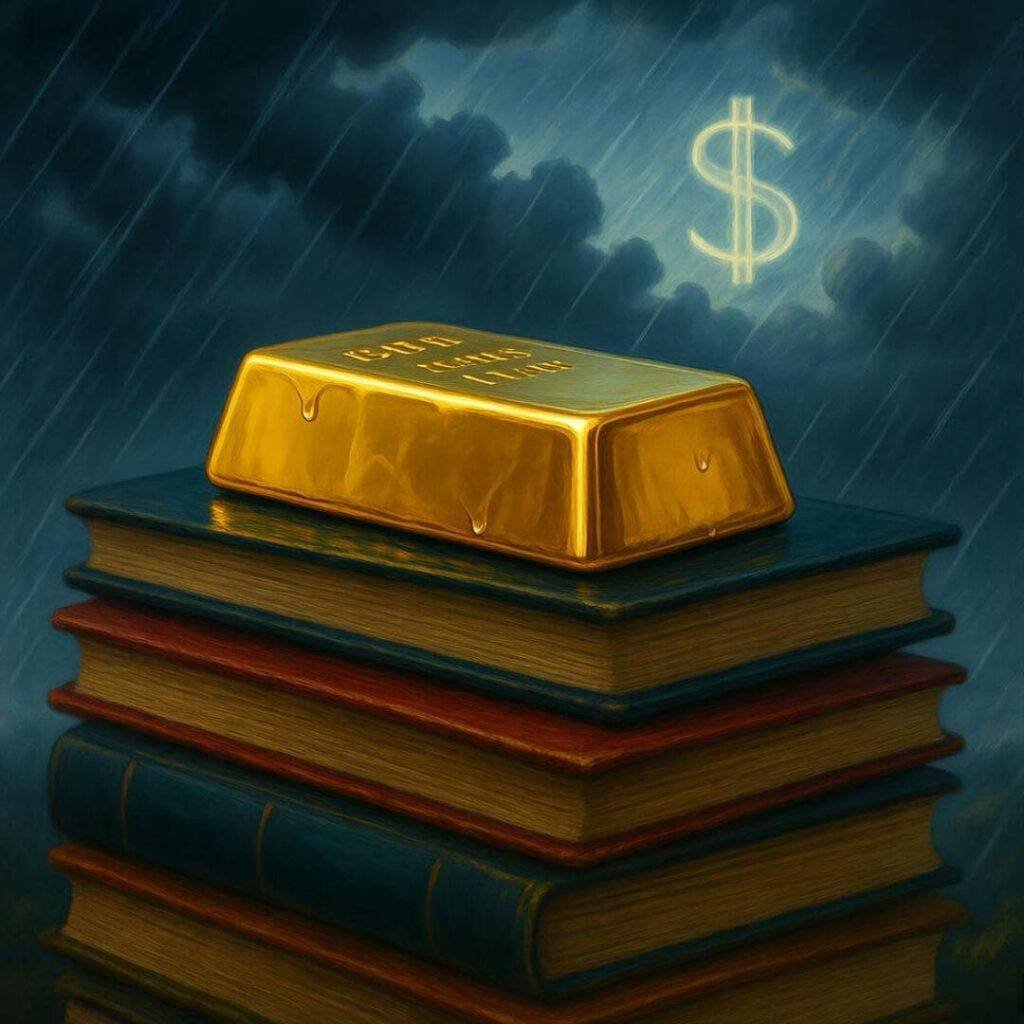 Impressionistic gold bar on books, glowing dollar sky.